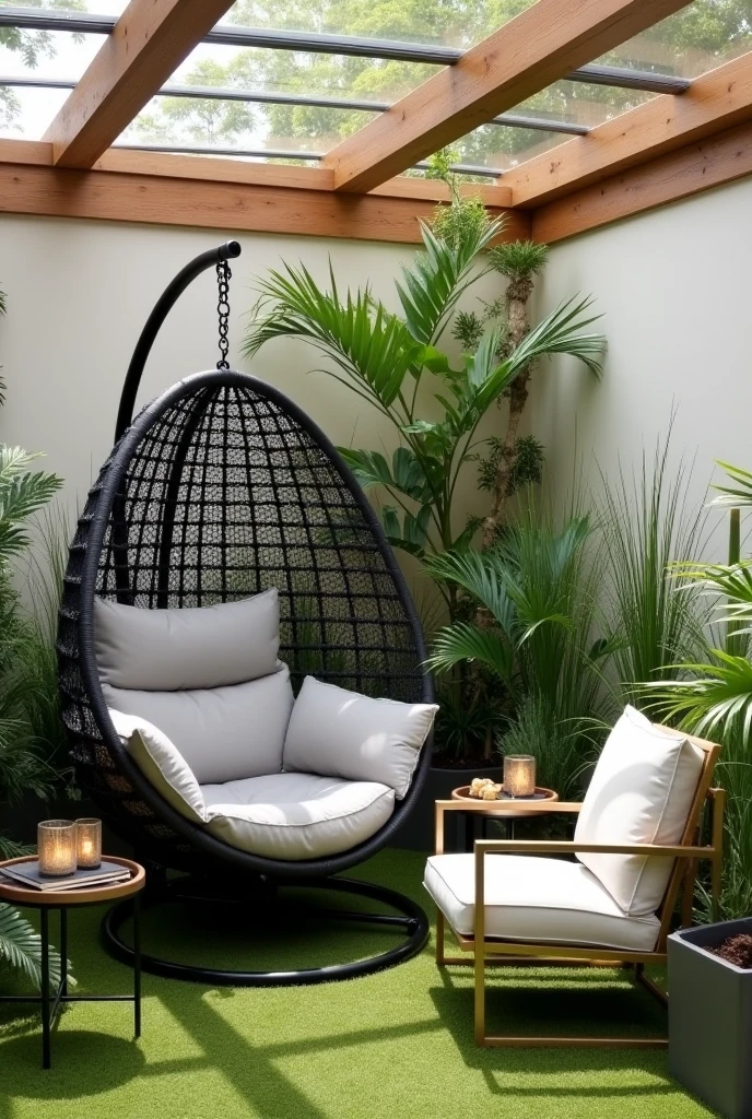 Design a small outdoor resting space, covered by a glass ceiling with wooden beams. The environment is surrounded by light walls, decorated with green plants and tall grasses, creating a natural and cozy look. At the center, include a cocoon-shaped hanging chair, with black metal frame and light gray padded upholstery. Next to the hanging chair, add a modern armchair with a gold metal frame and white seat, positioned on the mown grass. Complete the space with a small black side table., decorated with a candle in a glass holder and other small decorative objects. The space should convey a feeling of relaxation and comfort