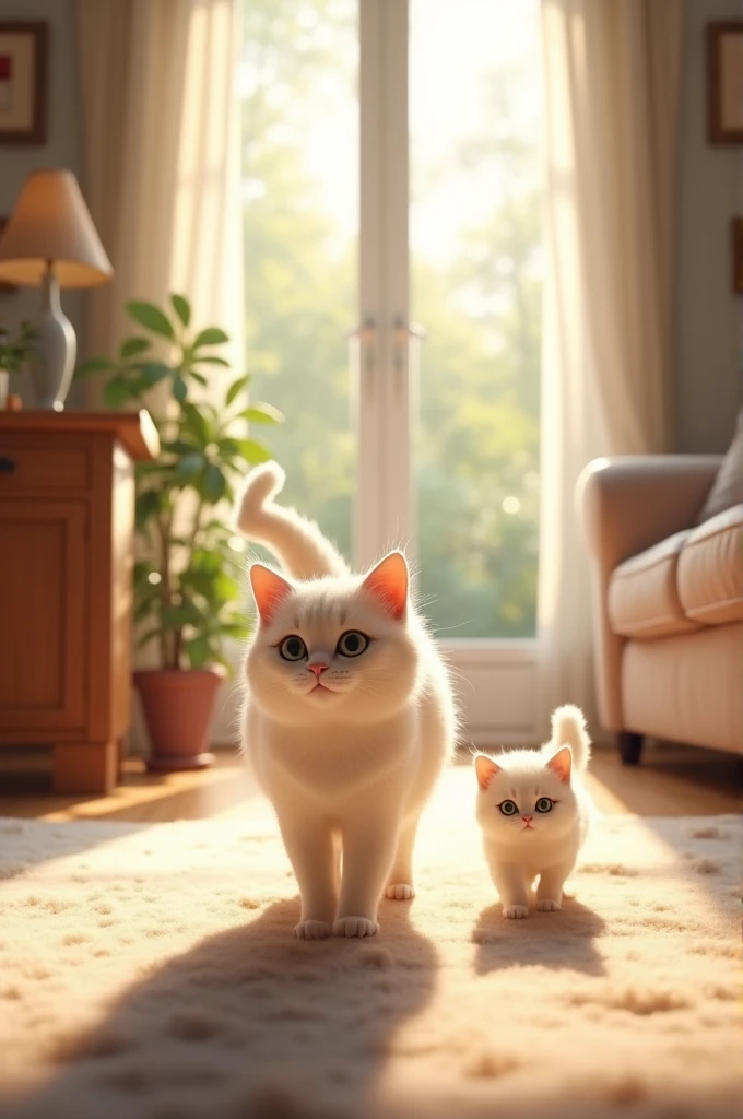 A white cat mother and her white kitten walk from their cozy living room toward the bright, inviting kitchen.