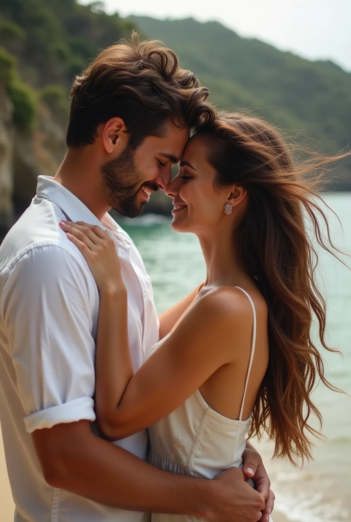 beautiful couple brown hair in love in the city of arraial do cabo Brazil 18k realistic outdoors romantic photo shoot
