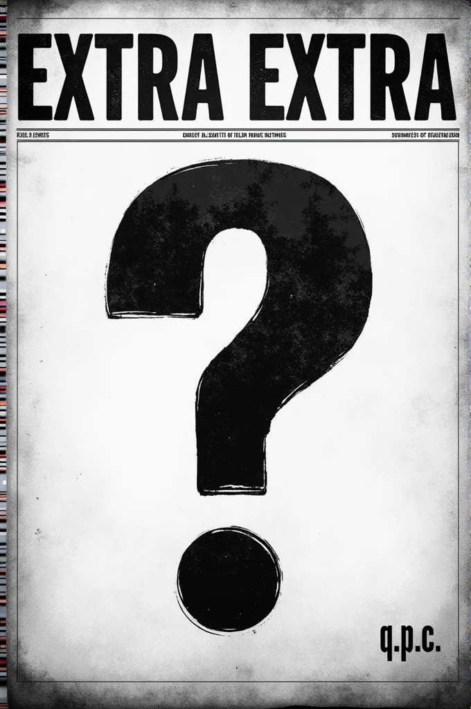 crea un periódico en blanco y negro donde el Titulo principal de la portada diga "Extra Extra" and the cover is a question mark that generates mystery and the title below it says "q.p.c.c"