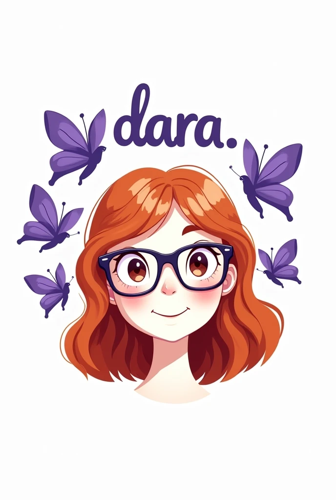 logo in 2d ,with a white girl with copper hair wearing glasses that says Dara Store in pretty letters and purple butterflies