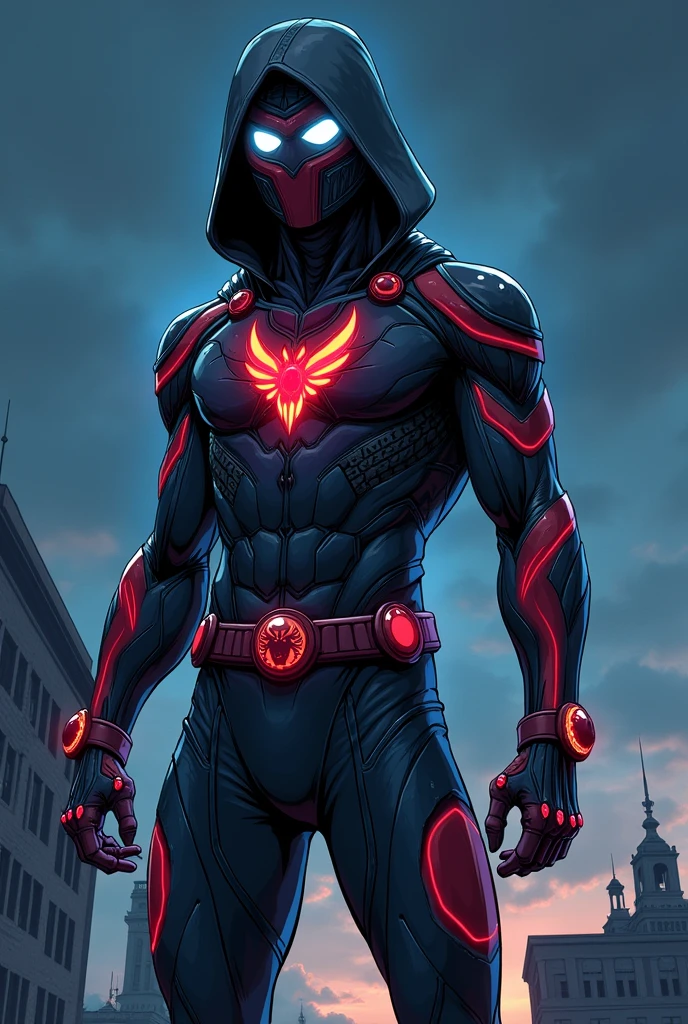 In comic book style, Nightwatcher to nastoletni superbohater o niezwykle intrygującym wyglądzie. His costume is made of flexible spandex and nanomaterials., which gives it both flexibility, as well as protection. The dominant colors in the outfit are dark gray., czerwony i granatowy, which create a strong contrast and give it a menacing look, but dynamic character. 
Nosi zaawansowany technologicznie hełm o aerodynamicznym kształcie. Its surface has integrated white bionic sharp owl-style eyes. 
There is a unique emblem on the chest, which is inspired by four animals: węgorzem, a spider, snow leopard and owl.  His hands, łokcie, the shoulders and waist are decorated with round emblems.  The whole costume has an eel-style pattern, snow leopard and spider. He stands in a dynamic pose on the roof of a building at night..
