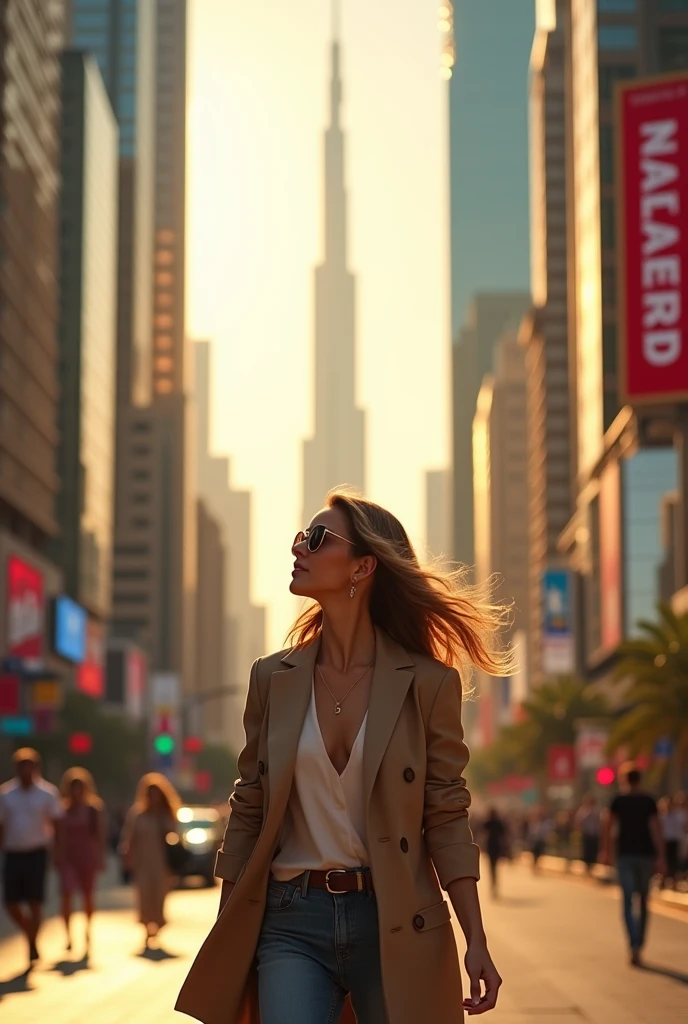A woman at Dubai, walking through the busy beautiful streets and enjoying the beautiful view of dubai