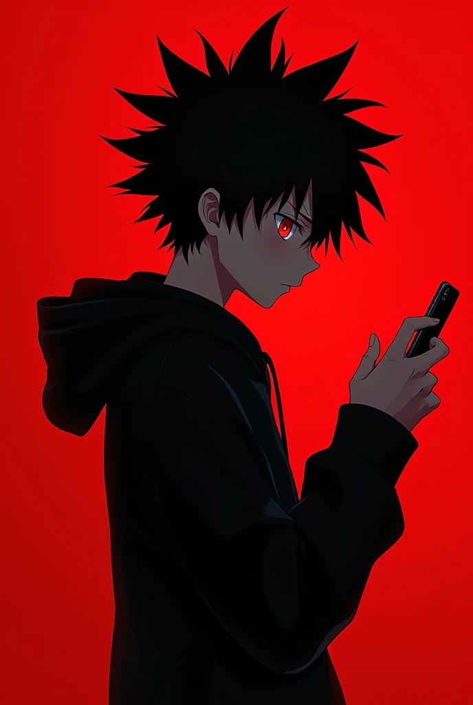 Anime boy , Spiky hair , black hair , black hoodie , red eyes , narrowed eye , playing phone , blank dark red background , side view