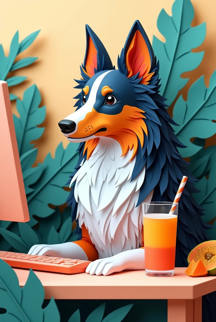 a tricolor collie, sitting at a desk, in front of a computer, with a papaya smoothie, masterpiece, all in three dimensional paper art、(Almond Shapes);1.9、(Three-dimensional paper-cut art.、colorful):1.9