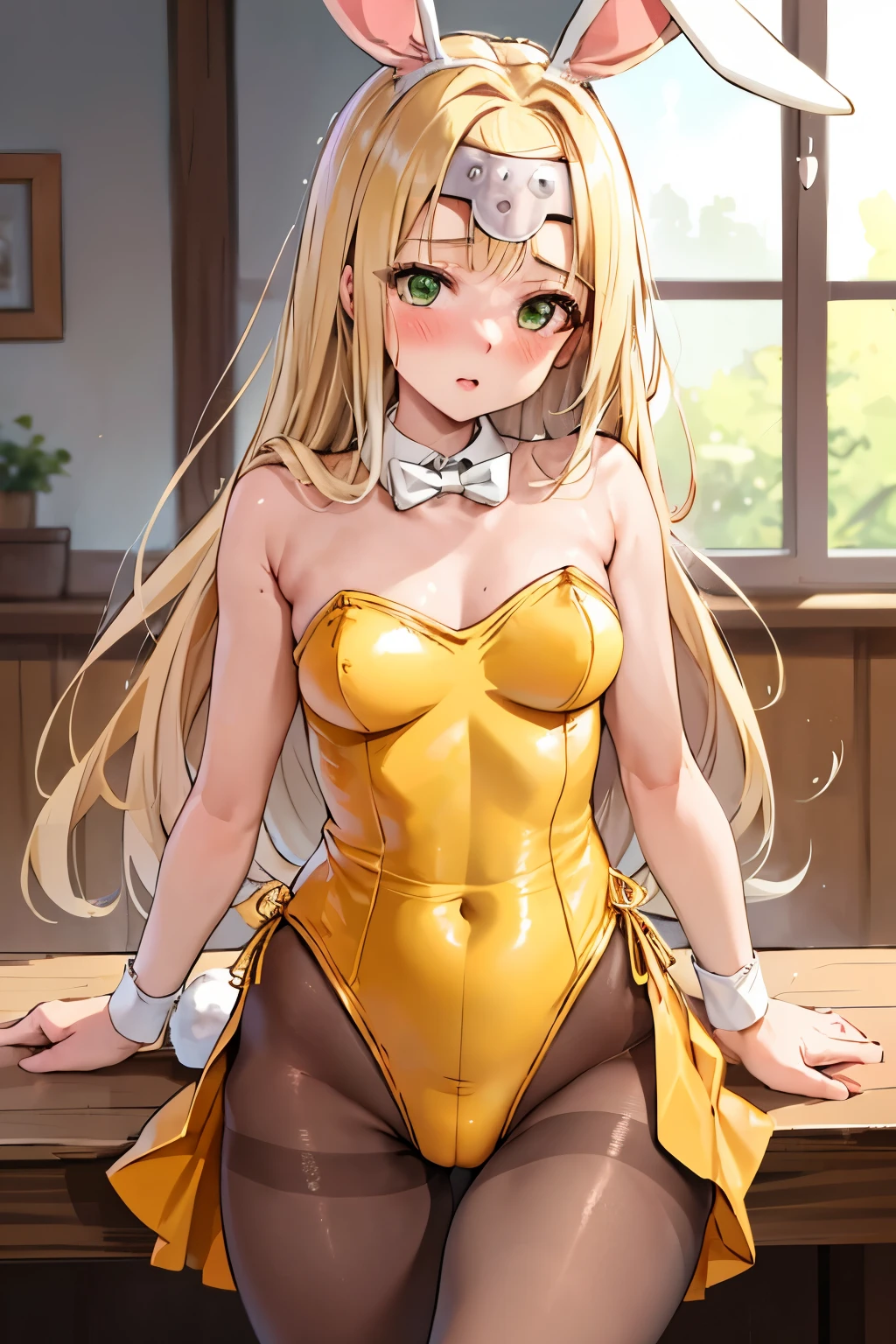 (Tabletop, Highest quality:1.2), Cowboy Shot, alone, One woman, Adult women、Mireille, Circlet、(blush:1.1), Embarrassing, View your viewers, ((Bunny girl))、((leotard))、((pantyhose))