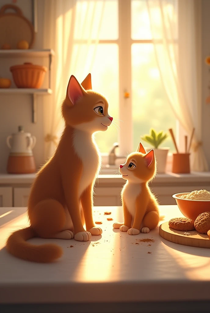 The kitchen is filled with sunlight; the mother cat and kitten prepare to bake, with ingredients and baking tools neatly arranged on the counter.