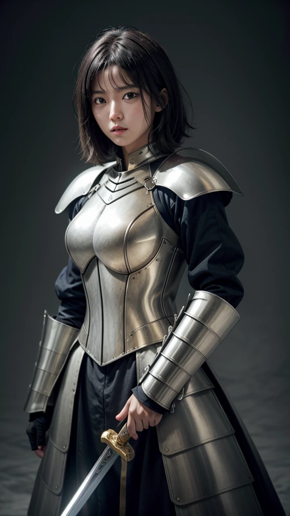 tall woman golden armor black hair color short hair big bust holding a sword