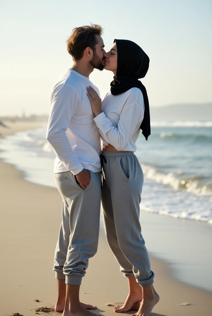 with black headscarf, white long sleeve t shirt, grey sweatpants, barefoot, Slim and beautiful woman kissing her boyfriend on the beach. 