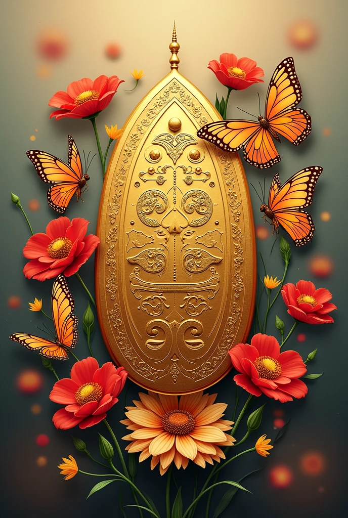 Create a golden Andean Chakana from Chile, similar to the one in the reference image, centered on the canvas. The Chakana should have a polished, intricate design with cultural symbols engraved into its surface. Surround the Chakana with vibrant flowers in full bloom, delicately arranged to enhance its beauty. Add butterflies gracefully fluttering around, contributing to the natural and elegant atmosphere. The background should feature a soft, blurred gradient that complements the golden hue of the Chakana and the vivid colors of the flowers and butterflies.