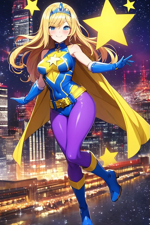 ((best quality)), ((masterpiece)), (detailed), 1 girl, Full body, 1, Smiling face, Blue eyes, Star-shaped tiara, Arms outstretched, Arms behind waist, Blue superhero mask, Blushing, Blonde hair, Straight hair, Long hair, Bangs, Hair ornaments, Star hair ornaments, Full body, Medium breasts, Slim body, Hands with yellow stars, Yellow wristbands, Long purple gloves, Blue gloves, Blue gloves, Yellow shoulder pads, Superhero costume, Superheroes, Yellow leotard suit, With a big yellow star in the center, Star emblem, Somewhat tight, Long yellow cape on waist, Red belt, Purple legs, Purple pantyhose, Long blue boots, Flying, City background, Anime