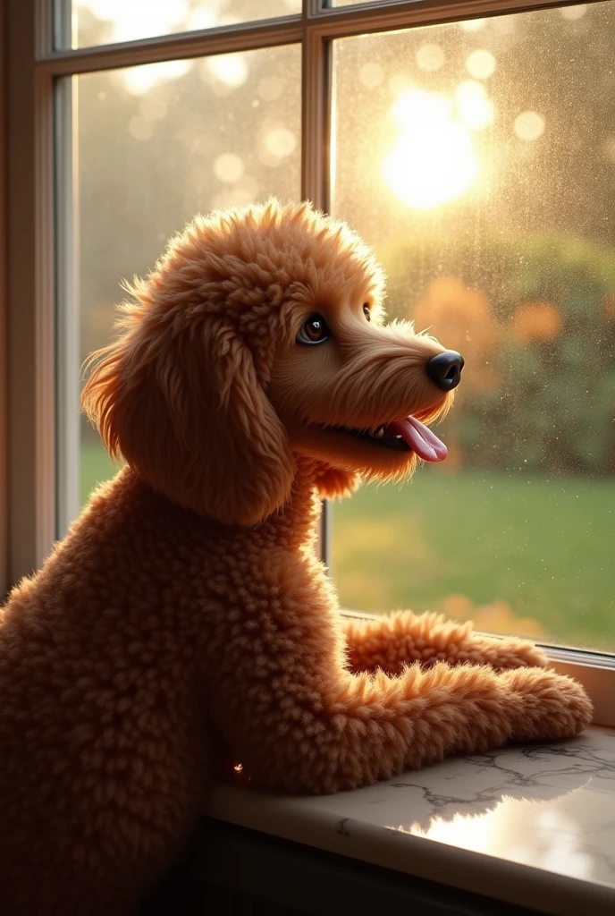 Realistic Brown Poodle, looking out the window, tongue out panting, image shows happiness, sitting at a counter indoors, looking out of the window, wet yard, sun coming out from behind the clouds, Realistic photographic image, 4K image