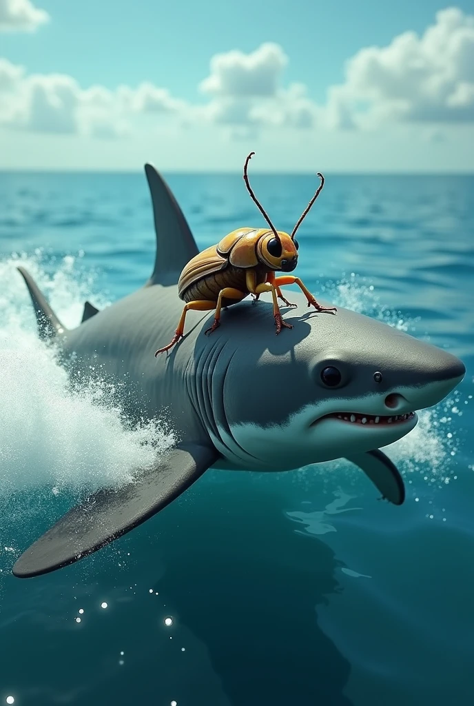 tiny beetle riding a shark like a surfboard