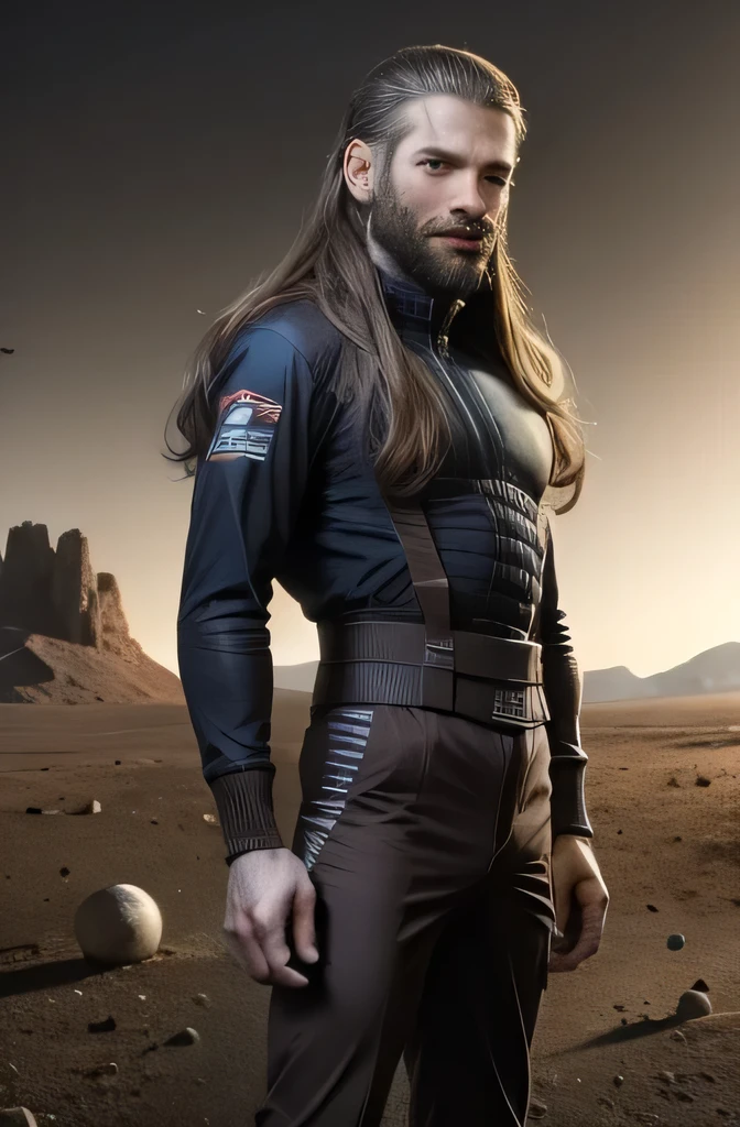 a man standing on mars, without helmet, long brown hair, brown eyes, 