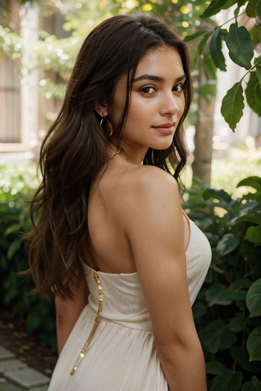 Create an ultra-realistic and naturally detailed image of a stunning Latina woman in her mid-20s. She has long, rich dark brown hair, with subtle highlights, that falls in soft, natural waves down her back, each strand visible and textured. Her skin has a warm, sun-kissed glow with slight imperfections that add authenticity, like faint freckles across her nose and cheeks. Her deep brown eyes are strikingly lifelike, with intricate details in the iris and a soft, natural reflection of light, surrounded by naturally thick lashes.
Her high cheekbones and full lips, slightly parted and tinted with a natural shade of red, convey a sense of effortless beauty. The subtle, natural makeup enhances her features without overpowering her natural look. She wears an elegant, form-fitting red dress made from a soft, silky material that clings to her body in a way that is both flattering and realistic, with the fabric showing slight creases and folds as it drapes over her curves.
Her jewelry is delicate and minimal—a thin gold necklace with a small pendant that rests naturally against her collarbone, small hoop earrings, and a simple gold bracelet. The gold has a slightly worn, matte finish, adding to the realism.
The background is a lush, tropical setting with highly detailed, vibrant green foliage and colorful flowers in various stages of bloom. The sunlight filters through the leaves, casting dappled light and shadows across her face and body. The atmosphere feels warm and inviting, with a slight breeze indicated by the gentle movement in her hair.
Her expression is confident and relaxed, with a slight, natural smile that conveys a sense of ease and presence. The overall composition emphasizes extreme realism, with every detail—from the texture of her skin to the way the light interacts with her surroundings—crafted to enhance the natural beauty and authenticity of the scene.