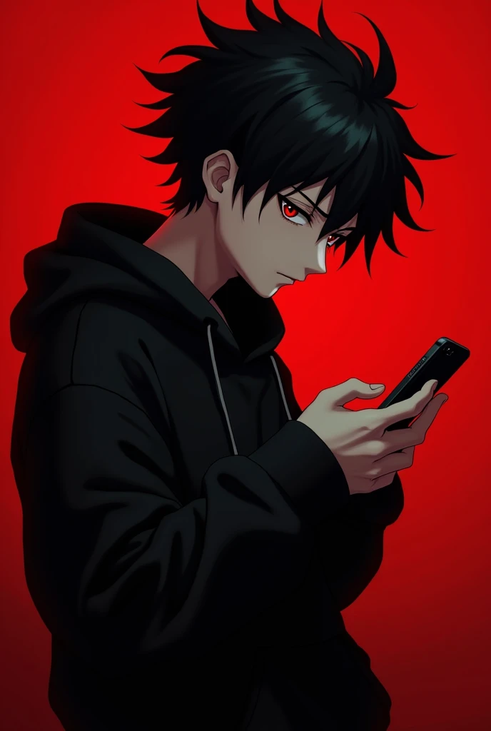 Anime boy , Spiky hair , black hair , black hoodie , red eyes , narrowed eye , playing phone , blank dark red background , side view