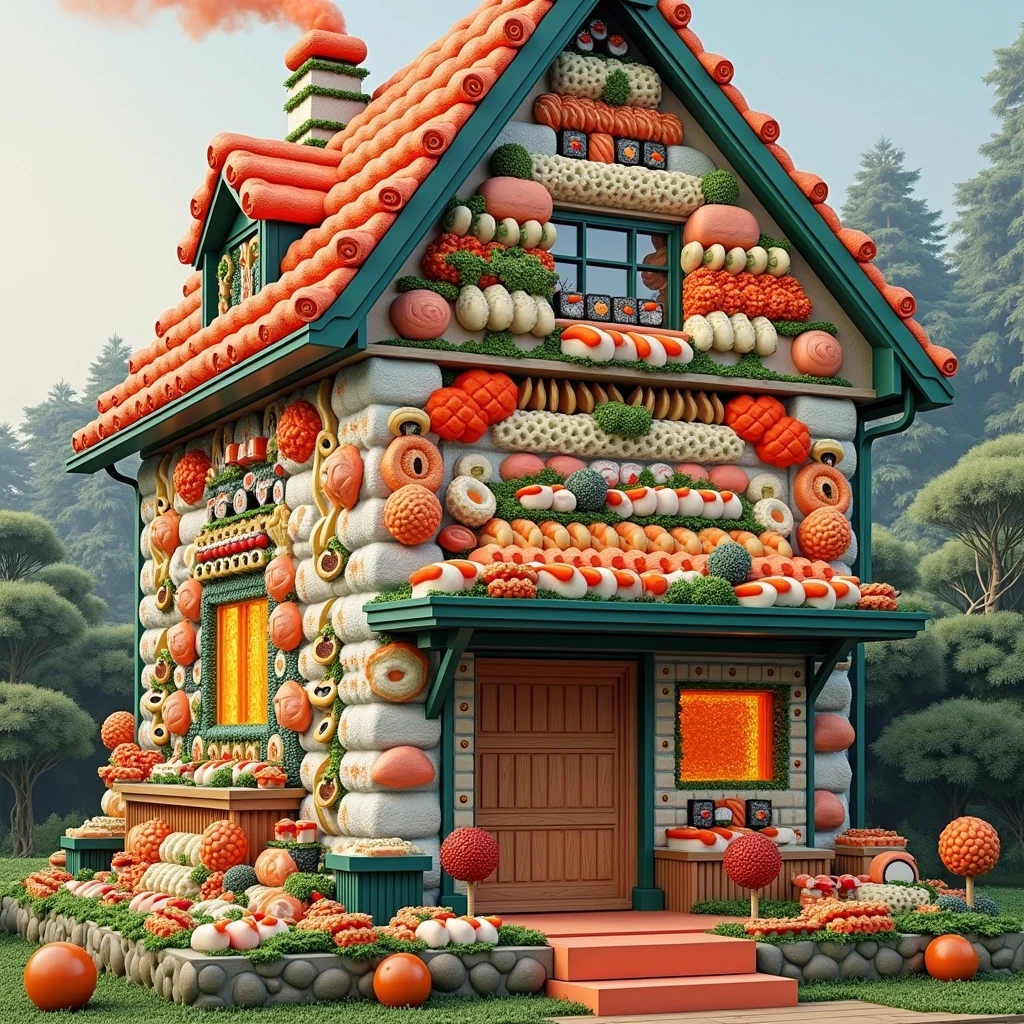 ((masterpiece, 8k, best quality, 8k, super realistic, high resolution:1.3)), realistic house, 2 storey house, 2 meter house, house made of sushi, sushi world, Sashimi in a frying pan, chimney coming out eggs, wasabi world, I cook a lot of rice, walls built of varieties of Japanese sushi, without person, no animals
