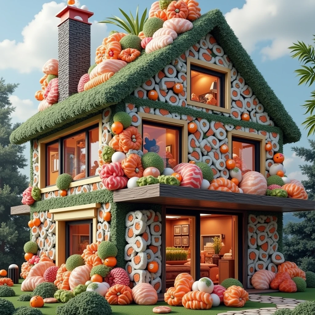 ((masterpiece, 8k, best quality, 8k, super realistic, high resolution:1.3)), realistic house, 2 storey house, 2 meter house, house made of sushi, sushi world, Sashimi in a frying pan, chimney coming out eggs, wasabi world, I cook a lot of rice, walls built of varieties of Japanese sushi, without person, no animals