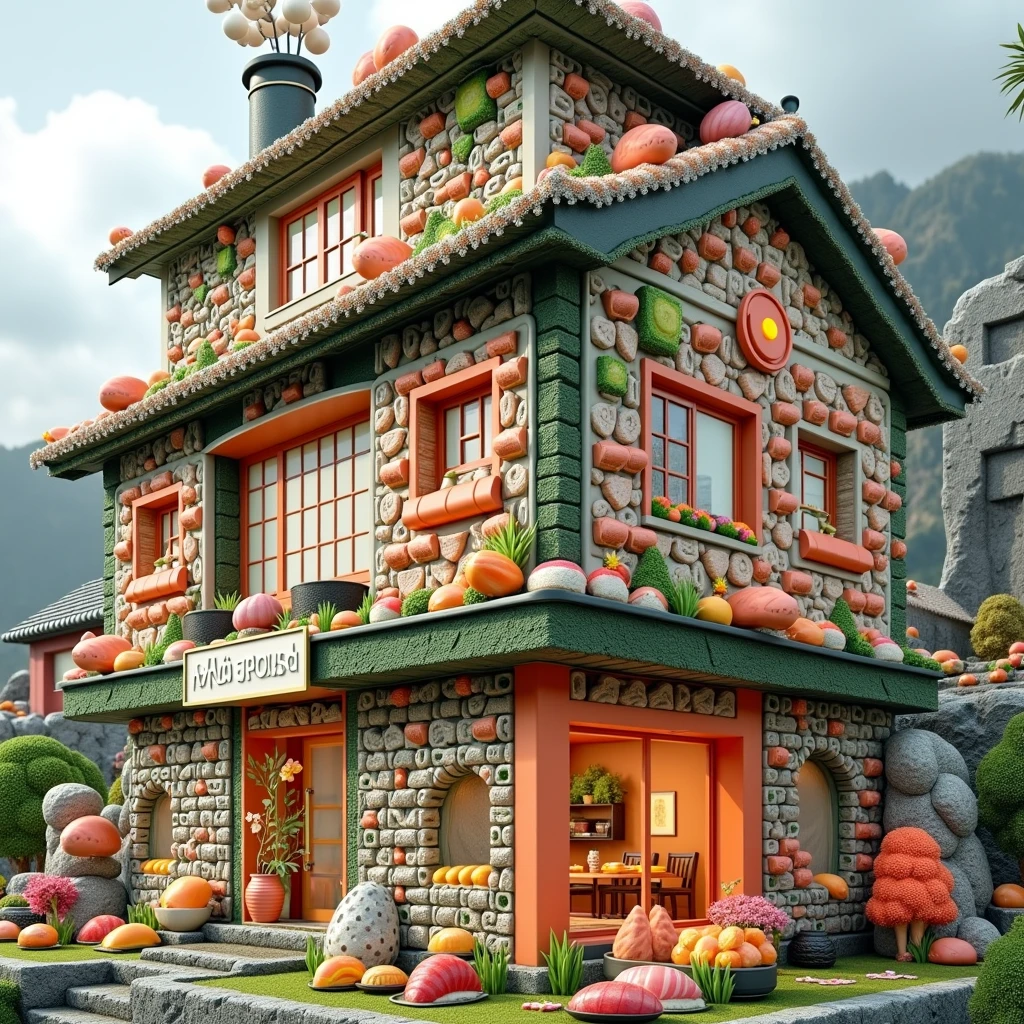 ((masterpiece, 8k, best quality, 8k, super realistic, high resolution:1.3)), realistic house, 2 storey house, 2 meter house, house made of sushi, sushi world, Sashimi in a frying pan, chimney coming out eggs, wasabi world, I cook a lot of rice, walls built of varieties of Japanese sushi, without person, no animals