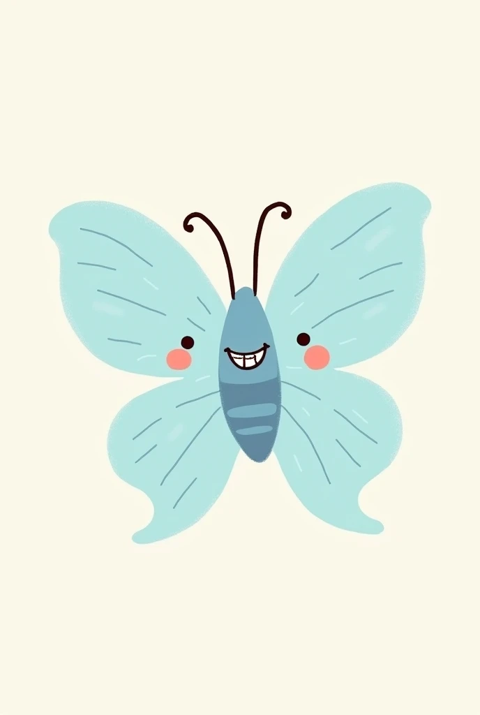 Cute little butterfly smiling with braces on her teeth, and it is in shades of light blue , but it is in drawing format,simple minimalist and aesthetic she has braces on her teeth and she is not that white she is cute she turns into an icon she is PASTEL BLUE no