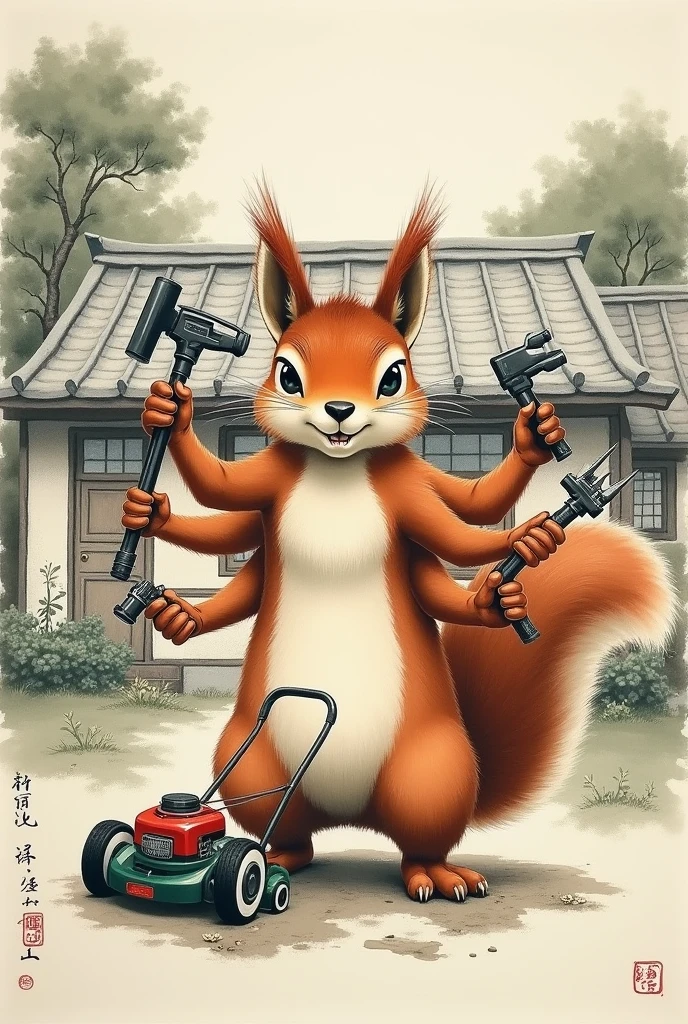 Un ecureuil bricoleur avec 6 bras qui tiennent des outils et une tondeuse a gazon devant une maison, a la façon d un tableau japonnais a l encre de chine
