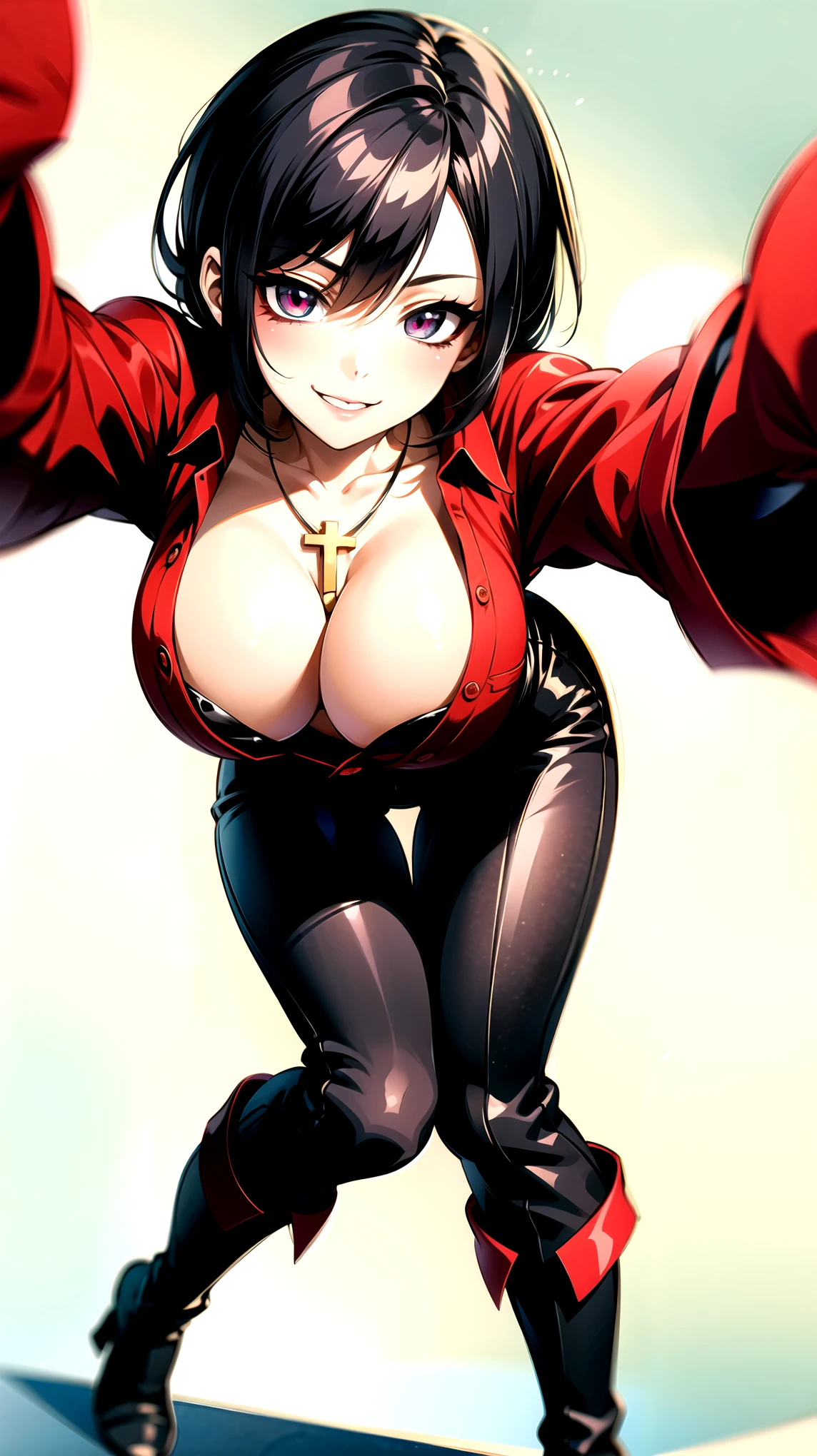 （（super high quality,））（（Ultra-high resolution,））（16K,）（super masterpiece,）（（Ultra HD ,））（Detailed shading,）A sexy mature woman,（（Red collared shirt,popped Tight collar,））Folded sleeves,Black long gloves,（Glossy black pants, Black long boots,）Black hair straight short,Sharp Eyes,Cleavage,Place one hand on hip,Leaning forward greatly,Provocative smile,Cross Necklace,