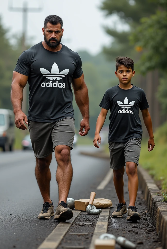 Catch and his son are working on the road the body of cat and his son is very muscular and their wearing the shirt of Adidas 