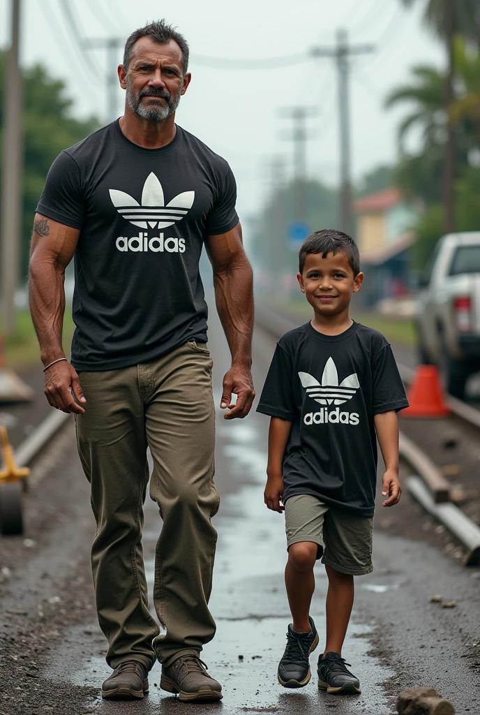 Catch and his son are working on the road the body of cat and his son is very muscular and their wearing the shirt of Adidas