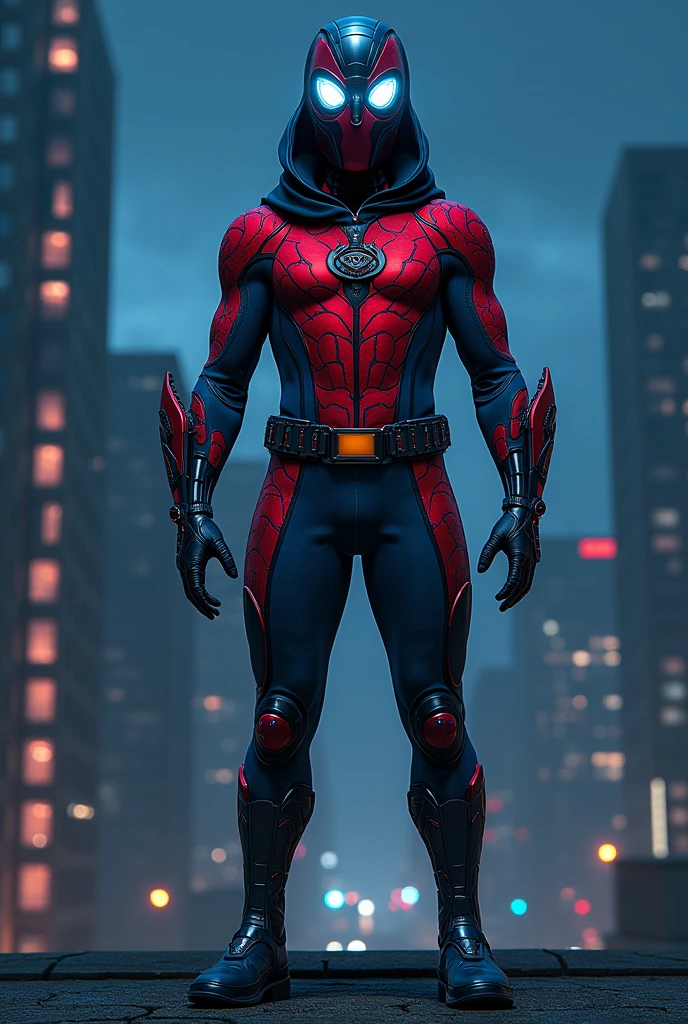 In comic book style, Nightwatcher to nastoletni superbohater o niezwykle intrygującym wyglądzie. His costume is made of flexible spandex and nanomaterials., which gives it both flexibility, as well as protection. The dominant colors in the outfit are dark gray., czerwony i granatowy, which create a strong contrast and give it a menacing look, but dynamic character. 
Nosi zaawansowany technologicznie hełm o aerodynamicznym kształcie. Its surface has integrated white bionic sharp owl-style eyes. 
There is a unique emblem on the chest, which is inspired by four animals: węgorzem, a spider, snow leopard and owl.  His hands, łokcie, the shoulders and waist are decorated with round emblems.  The whole costume has an eel-style pattern, snow leopard and spider. He stands in a dynamic pose on the roof of a building at night..
