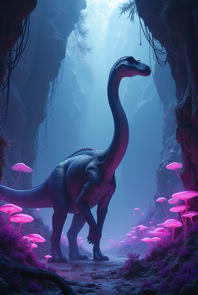 Make me a dino picture of a herbivore that is in a cave with purple glowing plants illuminated and mushrooms are supposed to grow out of it