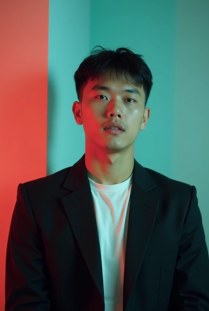 A young man with dark armycutting hair and a Round face. He is dressed in a black blazer over a white shirt. The man is positioned against aqus colour backdrop with a subtle red lighting on the left side and he posing for Linkedin profile