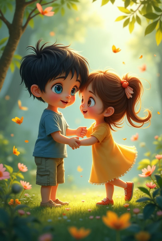 and two children, one with black hair and blue eyes and the other with brown hair and brown eyes