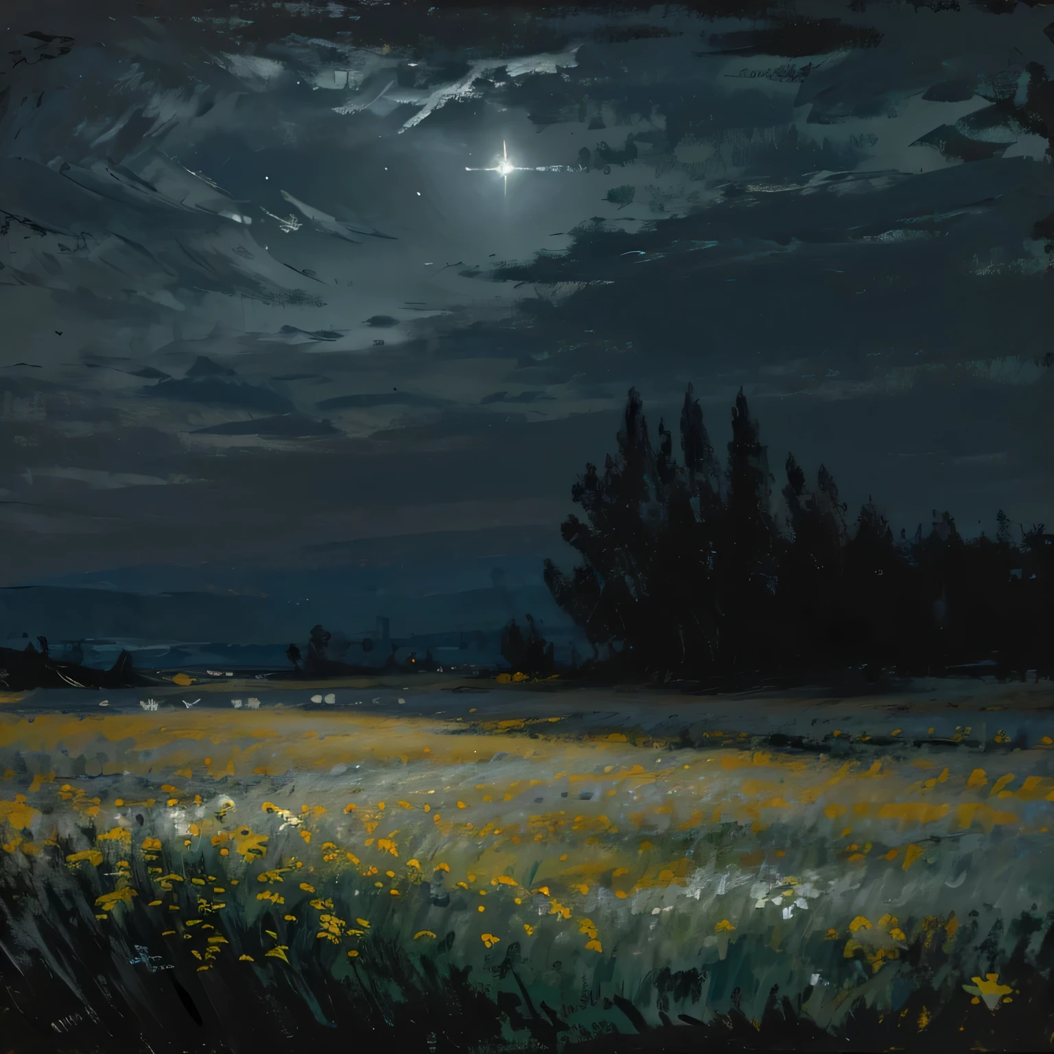 Create an image in dark, The background should be dark and atmospheric, with low clouds and dim lighting. Pay attention to the details of the overall composition to convey a sense of mysticism and dark beauty. (masterpiece, best quality, high quality, highres), dark, sun, winter, chamomile, field of grass,oil painting, field chamomile