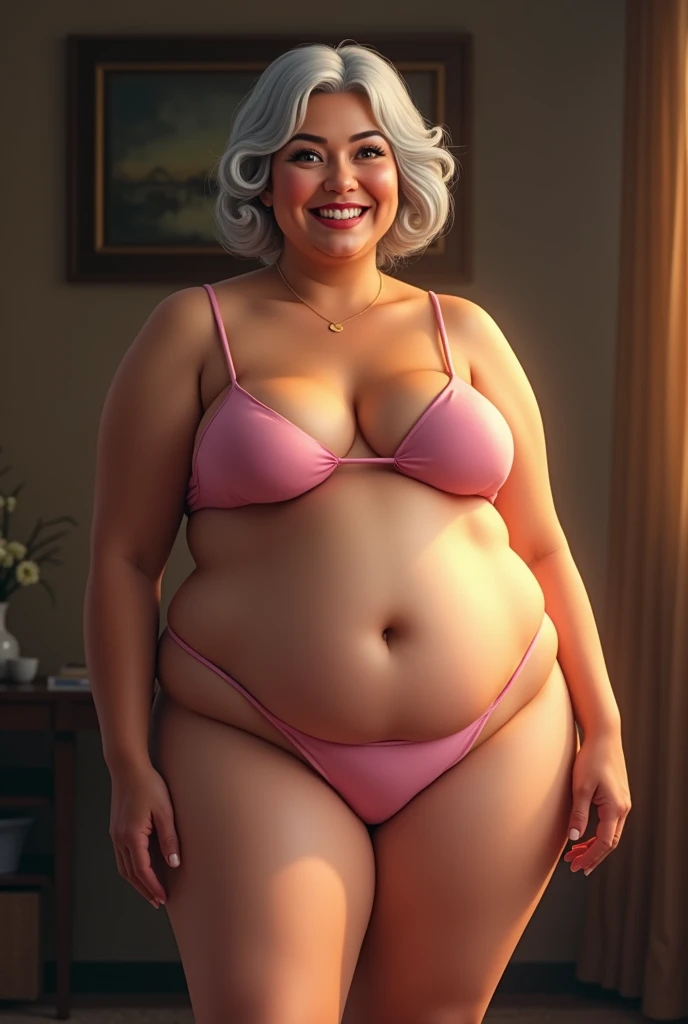 A plus-sized, elderly woman with a confident and flirtatious smile, looking directly at the camera. high class, She is undressed, naked, soft skin, highlights her curvy, voluptuous figure, realistic, cutie, exuding a mature sensuality. Her pose is playful and alluring, with a hint of mischief in her eyes, legs wide open showing off her pink vagina. The softly lit, intimate background enhances the seductive atmosphere, making her the focal point of the image