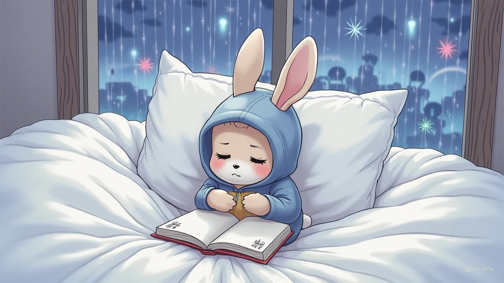 Cute rabbit, Reading a book in the room, Dreamy scenario, It's raining outside, Fantastic dreamscape, eiichiro oda