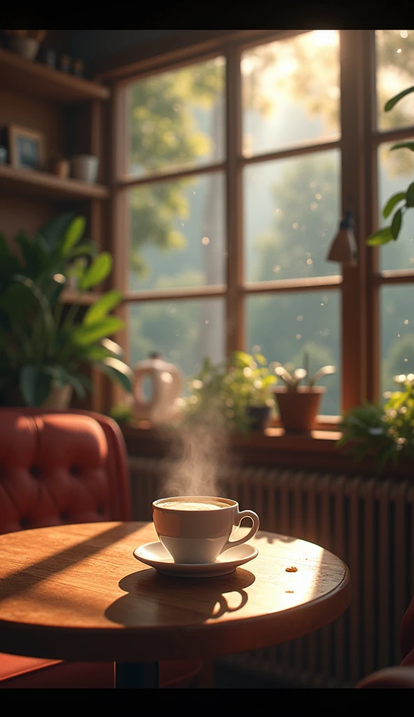 A warm and inviting coffee shop with soft lighting, a steaming cup of coffee on the table, rain lightly tapping against the windows, and comfortable seats that invite long conversations.