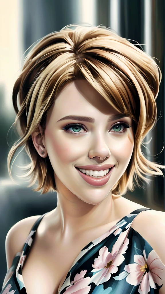 there is a woman with a flowered dress smiling for the camera, photoshop art, drawn with photoshop, cartoon digital painting, gorgeous digital painting, digital art. photo realistic, scarlett johansson portrait, stunning digital art, airbrush digital oil painting, “scarlett johansson portrait, “ scarlett johansson portrait, portrait digital art, digital art portrait, photorealistic beautiful face, beautiful digital artwork