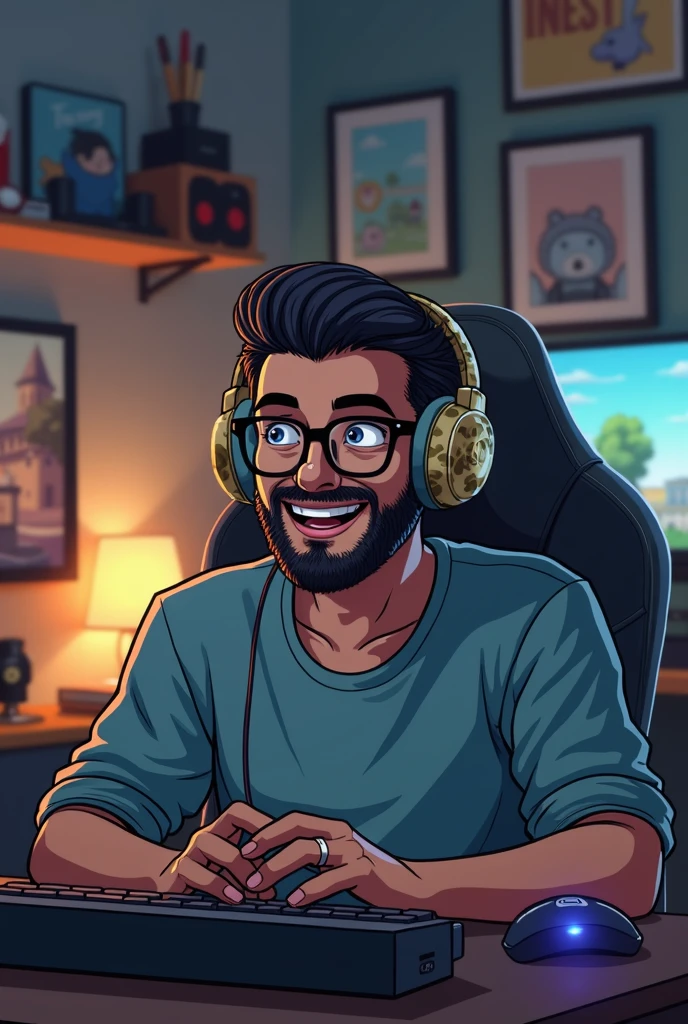 white man with slicked up hair, black glasses and black beard, beige camouflage gaming headset, expression of happiness, watching videos on the computer alone and smiling, illustrations in the gamer room, high quality fanart, 2d illustration, shadowing, frontal perspective!!!