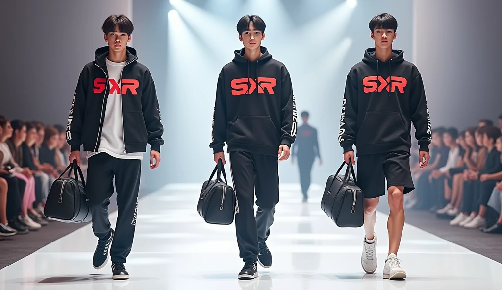 (photorealism:1.2), three sportwear fashion handsome 18 yrs. old, k pop Asian male model, runway show full body holding sports bag pack, tank top casual wear style, SXR logo design, ultra-detailed, film photography, light leaks, trending on sportwear, sharp focus, studio photo, futuristic details, highly detailed