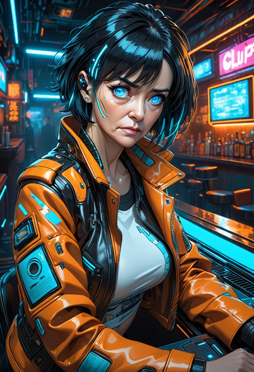 illustration, detailed illustration, ultra detailed, dynamic angle, cyberpunk, 50 year old woman, medium black hair, hair with cyan streaks, mismatched eyes, cybernetic eye, blue eye, lean, medium breasts, black leather top, orange leather jacket, tired expression, cowboy shot, dark bar interior, dark environment