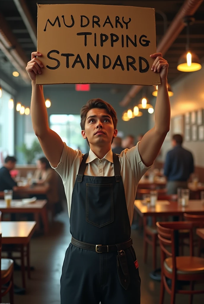 A server holding a sign with the following phrase: I don&#39;t deserve 1%!