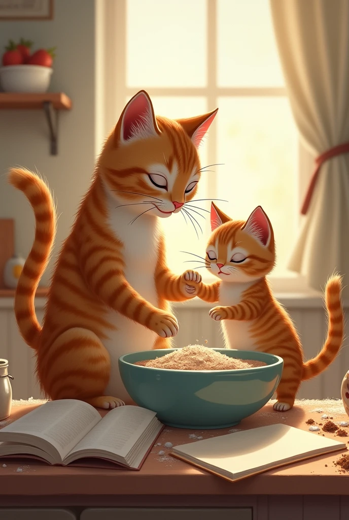 The mother cat reads from a recipe book while the kitten eagerly helps mix flour, sugar, and cocoa powder in a large bowl.