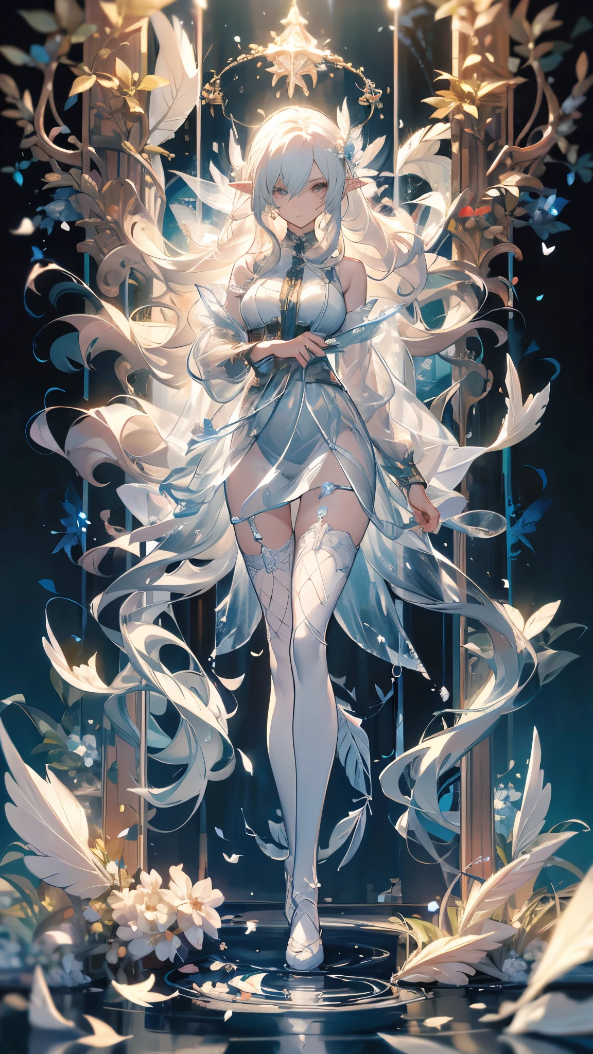 ((masterpiece, best quality)),Balrog,spark,Flame Surround,Delicate face,whole body,Perfect body proportions,luxurious,Extremely beautiful,Flame Leaves,White,Petals falling,sexly,See-through pantyhose,Fishnet stockings,transparent,Star decoration,NUDE