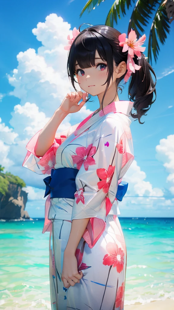 Black Hair、refreshing、Gravure idol-like background、Half Twin Tail、clear、Cute summer yukata、A pale white and pink yukata、Summer blue sky、Summer Clouds、whole body、Ocean、