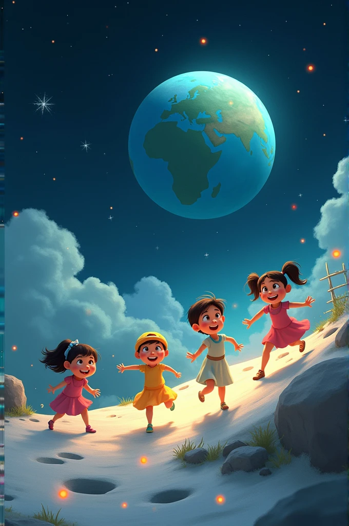 Create me an animated image of a moon with children