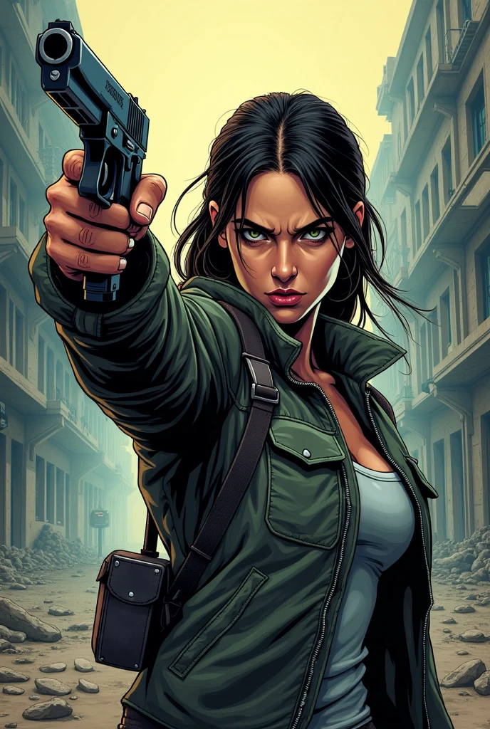 Woman in jacket pointing a gun forward zombie apocalypse comic book 