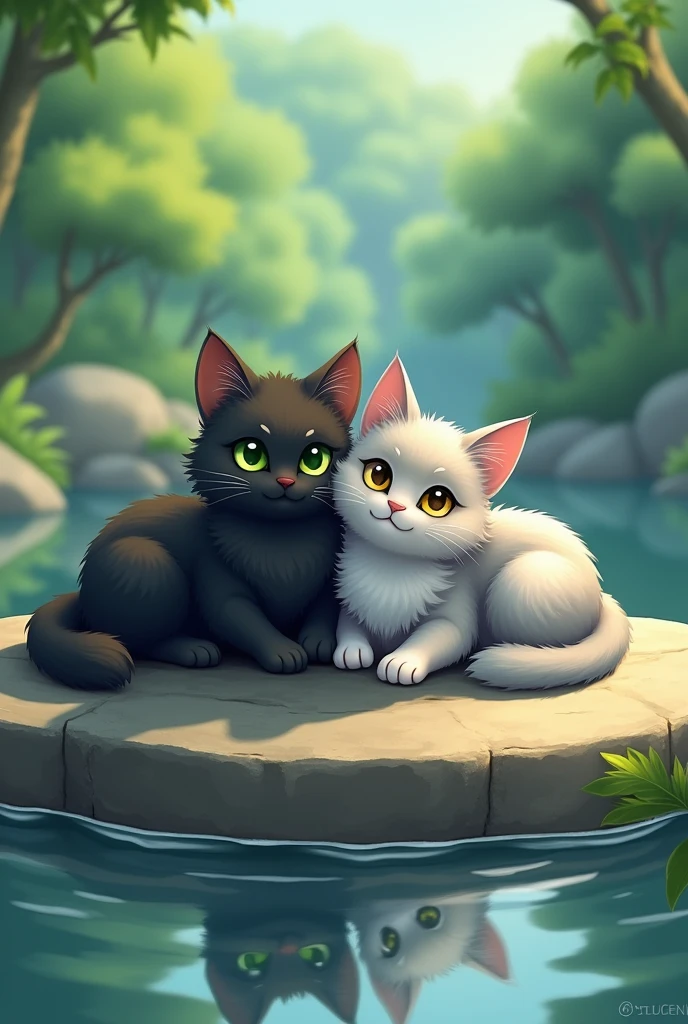 A black cat with fluffy fur and green eyes and a grey cat with fluffy fur and yellow-green eyes lie on a flat stone. Surrounded by water and trees