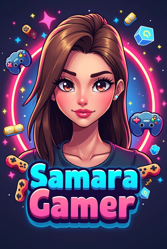 Create a kids logo for a YouTube channel , with an avatar of an imposing woman with straight light brown hair at shoulder length, light brown eyes with pink lips,  and with the name Samara Gamer on a background of virtual games like play mouth without sexualization 