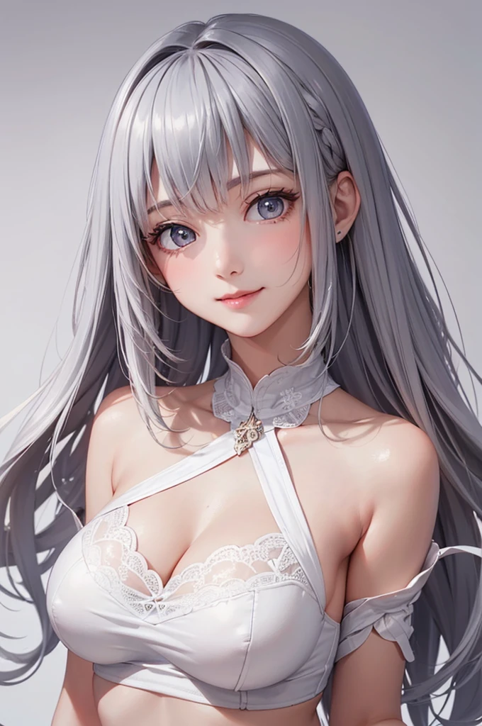 Best Quality,High resolution,8k,(plain white background, no patterns, no textures, just a plain white background:1.3),Masterpiece:1.2),beautiful girl,Big Breasts,(Glossy romance gray hair:1.3),messy hair,Beautiful grey eyes,Dark gray underwear,Gentle look,A refreshing look,smile,Best quality,Best Quality,Aesthetic and aesthetic:1.2,Best details((Super detailed))(High-definition CG illustrations),Slender body,smile,blush,cute,Scrounge,Looking up,Being spoiled,super model,wariza