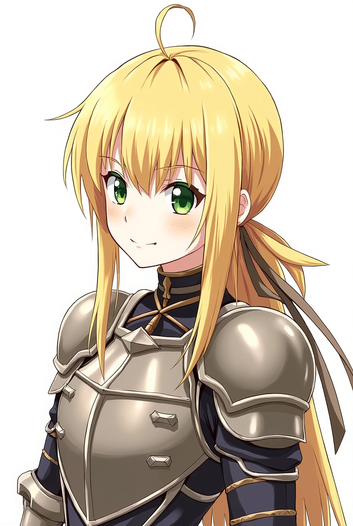 (masterpiece:1.2), (absurdres), (detailed face),(detailed eyes), (best quality) (traditional media:1.2) , (white backround), upperbody, (expressionless), artoria_pendragon_(fate), saber, armor, blonde hair, gauntlets, green eyes, hair ribbon, armored dress, ahoge, blue dress,